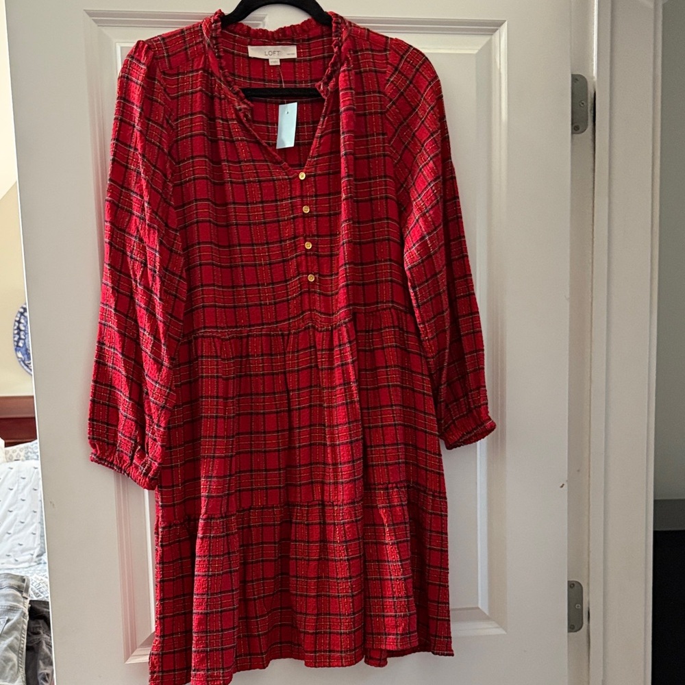 LOFT Red Checkered Long Sleeve Dress